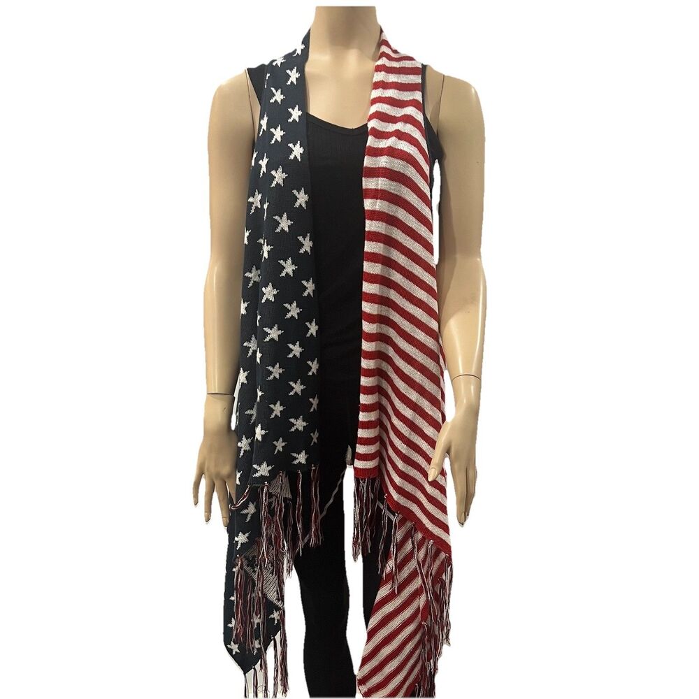 One World Tunic Knit Vest Womans Large Flag Stars Stripes Fringe Open Front